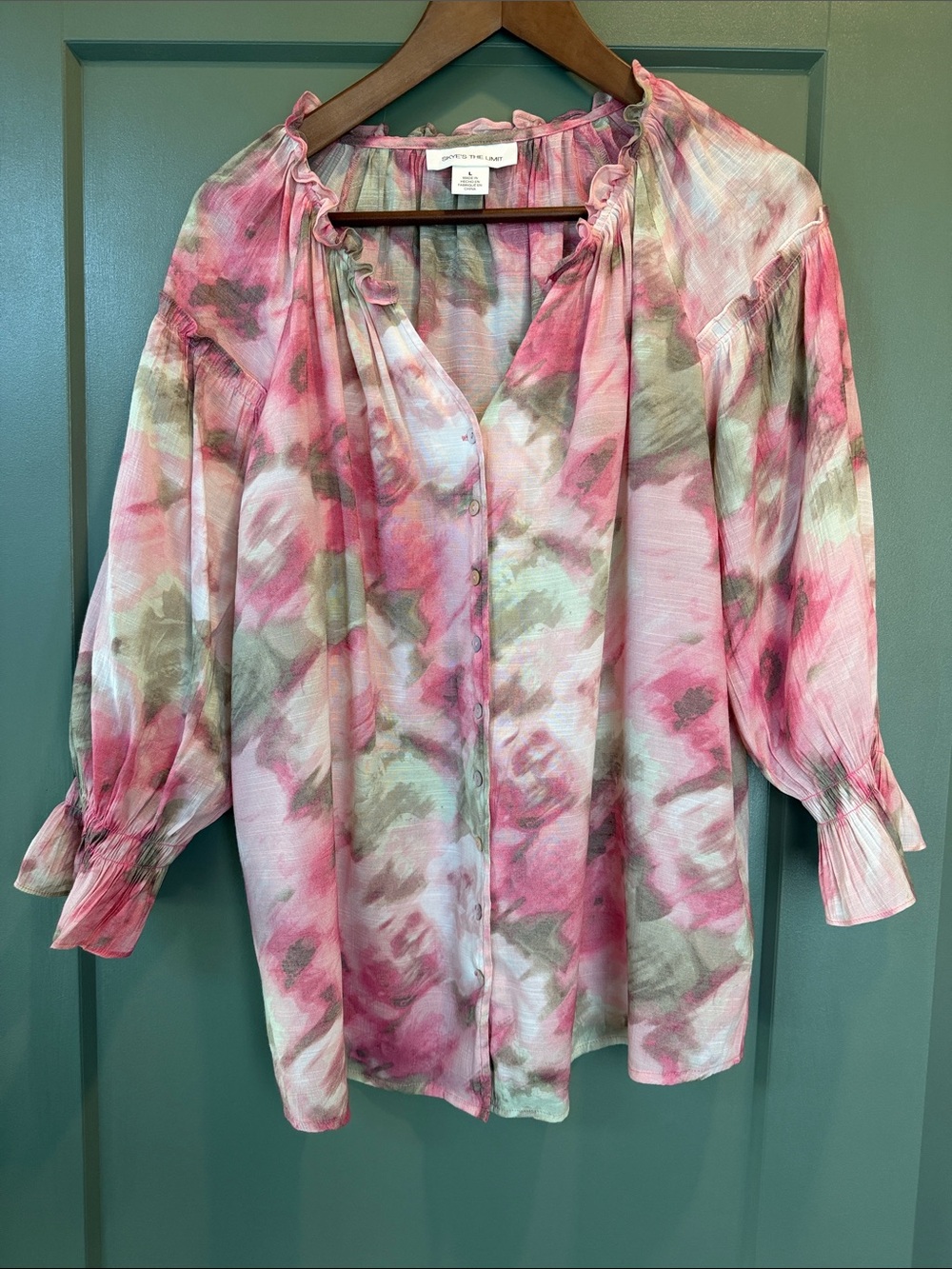 Skye's the Limit Pink & Green Floral Ruffle-Trim Blouse